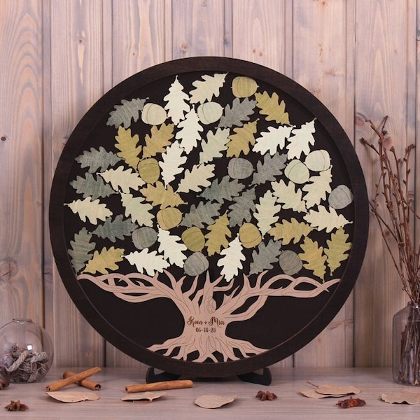 Oak Tree & Leaves Wedding Guest Book Alternative Acorns Round dropbox guestbook Personalised Wood guestbook Custom Frame Unique sign Circle