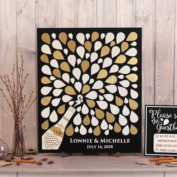 Gold foil wedding guest book alternative Splash champagne Rustic wedding guestbook wood 3d Wedding sign in Custom guest board Anniversary