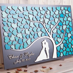 Wedding guest book alternative idea Custom 3D guestbook Tree of Hearts Newlyweds Sign in wood guest book Turquoise wedding theme