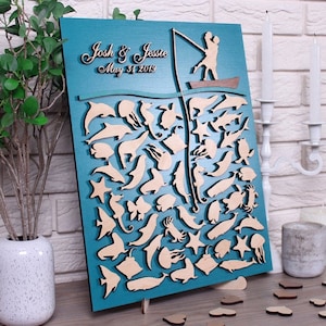 Beach wedding guest book alternative Couple on a boat Wood wedding guestbook Sea fishing 3d custom wedding sign Nautical wedding Teal ideas