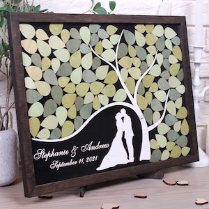 Albero di foglie Scatola di consegna per matrimonio Libro degli ospiti 3D Segno di legno Silhouette di coppia Libro degli ospiti per matrimonio Tema alternativo Sposa Sposo Scatola di consegna personalizzata