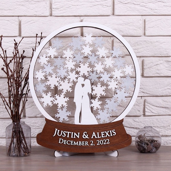 Snow Globe drop box guest book alternative with Snowflakes Personalised Wood guestbook Unique Custom sign in Winter wedding Christmas gift