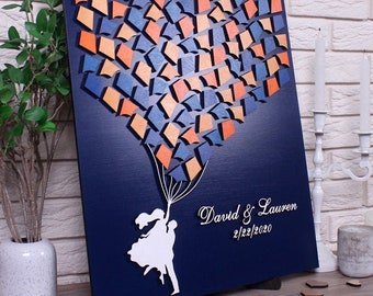 Custom wedding guest book alternative Couple with Kites for sign 3d wood wedding guestbook Unique wedding sign Orange Navy wedding decor