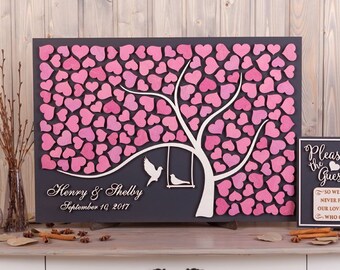 Custom wedding guestbook alternative 3d wedding guest book Tree with birds on a swing Unique romantic wedding idea Wood sign in book Fuchsia