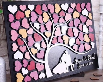 Personalized wedding guest book alternative Tree with couple on the banch 3D wedding guestbook sign Custom wedding colors Rose wedding theme