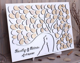 3d wedding guest book alternative Custom guestbook wedding sign Tree of leaves Wood guest book Personalized theme Groom Bride White theme