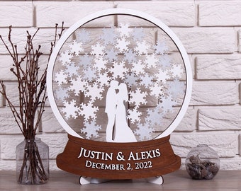 Snow Globe drop box guest book alternative with Snowflakes Personalised Wood guestbook Unique Custom sign in Winter wedding Christmas gift