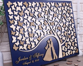 Custom wedding guest book alternative Tree of Butterflies 3d wood wedding guestbook Unique wedding sign Gold Navy wedding decor Wedding gift