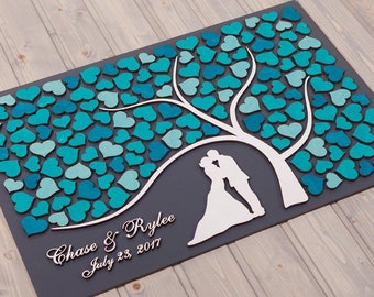 Wedding guest book alternative idea Custom 3D guestbook Tree of Hearts Newlyweds Sign in wood guest book Turquoise wedding theme