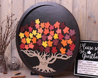 Maple Tree Leaves Circle Wedding drop box guest book alternative Autumn theme Custom Wood guestbook Frame Unique Custom sign Round guestbook