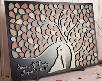 Custom wedding guest book alternative Tree of leaves 3d guestbook wooden sign Personalized rustic wedding gift ideas Couple silhouette