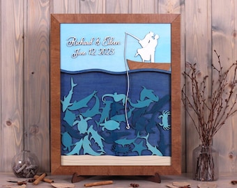 Couple on a Boat wedding Drop box Custom frame 3d Wood drop Nautical wedding ideas Ocean Fishing Wood Custom frame 3d Unique wedding sign