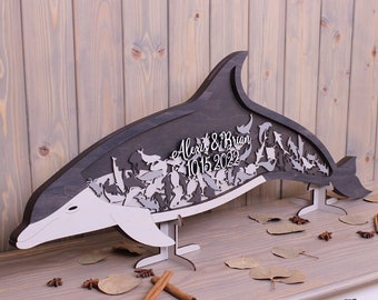 Dolphin drop box Custom wedding guest book alternative Sign in sea animals Nautical beach wedding themed Wood shadow box  beach house grey
