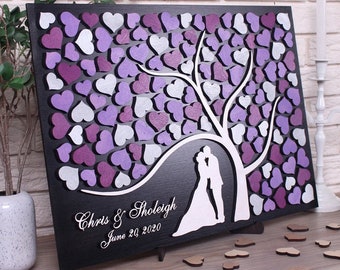 Custom colors wedding guestbook alternative 3d tree with hearts for wishes Wood guest book Wedding sign in book Wall frame home décor