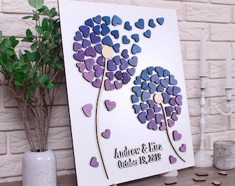 Dandelion guest book alternatives Wedding guestbook 3d wood sign Custom wedding colors Anniversary guest book Gift for couple Sign in hearts