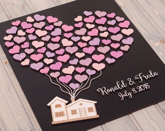 Up House 3D Hochzeit Gästebuch Alternative Custom Gästebuch Lila und Pink Rustikales Hochzeit Gästebuch Zeichen Holzhochzeitsschilder Unikat