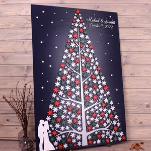 Albero di Natale libro degli ospiti matrimonio alternativo Capodanno inverno Libro degli ospiti in legno 3d Albero di fiocchi di neve regalo di Natale Cartello personalizzato con albero di pino