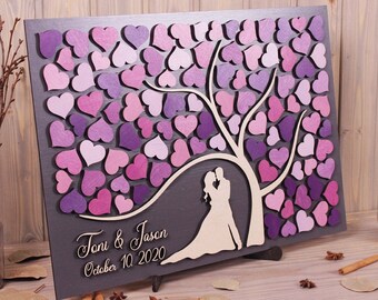 Wedding guest book alternative idea Custom 3D guestbook Tree of Hearts Newlyweds Sign in wood guest book  Personalized  Purple wedding theme