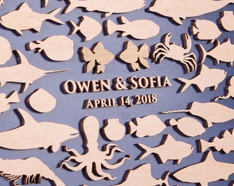 Unique Wedding Guest Book Alternative Fish wedding theme Navy blue 3D Wood Guest Book Rustic wedding guestbook Custom wood sign Sea Life