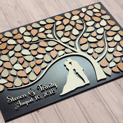 Custom wedding guest book shops alternative Tree of leaves 3d guestbook wooden sign Personalized rustic wedding gift ideas Couple silhouette