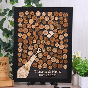 Libro degli ospiti magnetico per anniversario di matrimonio alternativo Bottiglia di champagne con pezzi magnetici per firma Arte murale in legno Tema matrimonio personalizzato