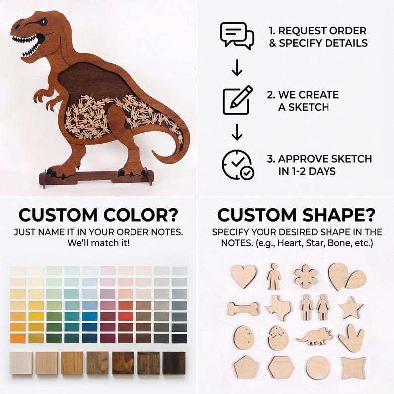 May include: A wooden Tyrannosaurus Rex-shaped display with a hollow center filled with small wooden figures. The image includes text about custom color and shape options, with a color palette and shape examples.