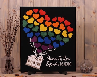 LGBT Wedding guest book alternative Up House movie inspired 3d wedding guestbook Unique Gay wedding Wood sign in Hearts Custom colors