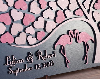 Flamingos wedding guest book alternative 3D unique guestbook Wood  Rustic Sign in book Custom Animal Wedding Tree of hearts Tropical decor