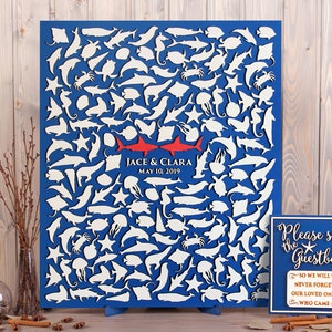 Nautical wedding guest book alternative Two Fish Sharks custom guestbook Beach 3d Wedding Sign Wooden rustic guest book Seaside wedding