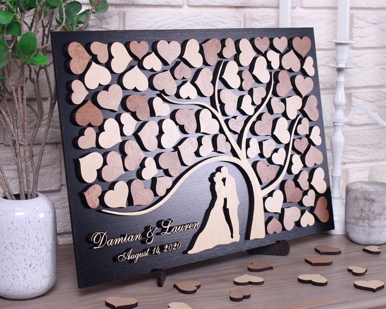 Neutral 3d wedding guest book alternative Rustic tree of hearts Wooden wedding guestbook Custom keepsake Sign-in book Wedding signature idea 