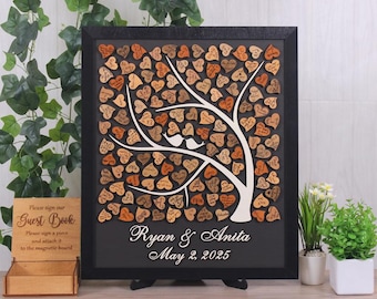 Custom Rustic Tree Guest Book with Lovebirds and Magnetic Heart Leaves for Wedding & Anniversary
