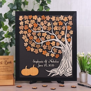 Personalisiertes magnetisches Hochzeitsgästebuch – rustikaler Herbstbaum mit Ahornblättern und Kürbissen – Einzigartige Hochzeitsdeko