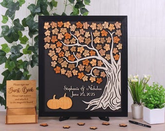 Custom Magnetic Wedding Guest Book – Fall Rustic Tree with Maple Leaves & Pumpkins – Unique Wedding Decor