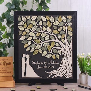 Tree of Leaves Wedding Guest Book Alternative – Custom Magnetic Guestbook with Wooden Pieces for Wishes – Personalized Wedding Decor
