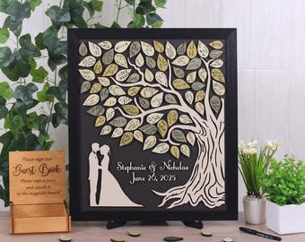 Tree of Leaves Wedding Guest Book Alternative – Custom Magnetic Guestbook with Wooden Pieces for Wishes – Personalized Wedding Decor