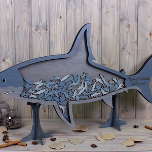 Shark drop box Custom wedding guest book alternative Sign in sea animals Nautical beach wedding themed Wood shadow box DUSTY BLUE COLORS