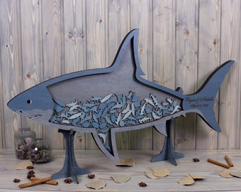 Shark drop box Custom wedding guest book alternative Sign in sea animals Nautical beach wedding themed Wood shadow box DUSTY BLUE COLORS