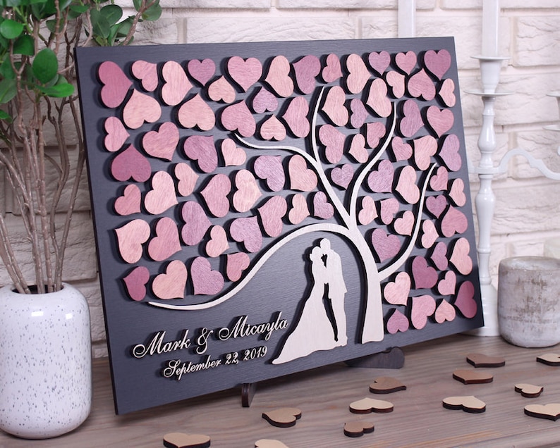 Wedding guest book alternative idea Custom 3D guestbook Rustic wedding decor Tree Hearts Newlyweds Wood guest book Mauve wedding theme 