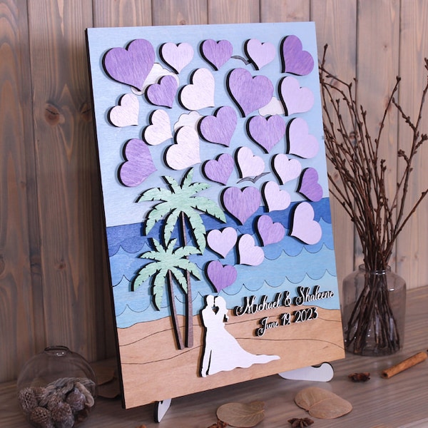 Personalized Beach wedding guest book alternative Palm tree with hearts for sign Beach Themed Wedding Blue Sea Theme Beach Dunes Nautical