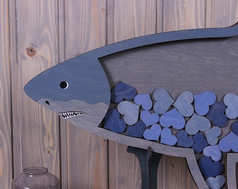 Shark drop box Custom Hearts wedding guest book alternative Sign Sea Nautical beach wedding themed Wood shadow box Dusty Blue Gray colors