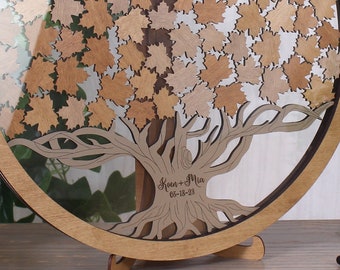 Rustic Maple Tree Leaves Wedding drop box guest book alternative Autumn Fall theme Custom Wood guestbook Frame Custom Sign Round guestbook