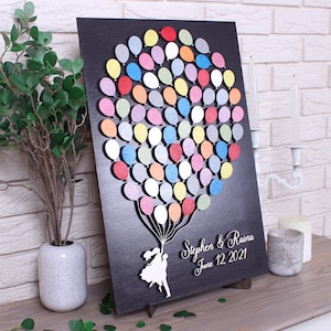 Up couple with balloons wedding guest book alternative Custom wedding guestbook Sign in 3d wood balloons Personalized custom wedding sign