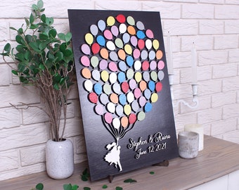 Up couple with balloons wedding guest book alternative Custom wedding guestbook Sign in 3d wood balloons Personalized custom wedding sign