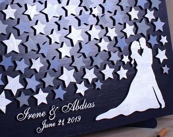 Wood Stars Couple Wedding Guest Book Alternative Dusty blue and silver Wedding Theme 3D Unique Guestbook Custom guest book wedding sign