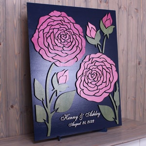 Wedding guest book alternative 3D flower sign Roses Petals Custom colors guest book Unique pink navy personalized guestbook Wooden sign in image 1