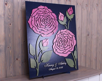 Wedding guest book alternative 3D flower sign Roses Petals Custom colors guest book Unique pink navy personalized guestbook Wooden sign in