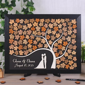 Magnetic wedding guest book alternative Rustic Maple Tree Leaves Wedding guestbook Magnet display board Autumn Fall theme Custom wood sign