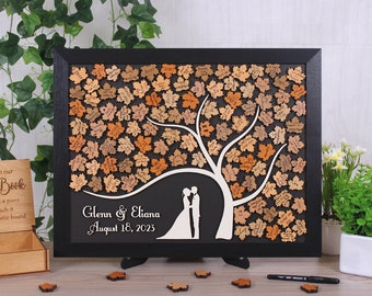 Magnetic wedding guest book alternative Rustic Maple Tree Leaves Wedding guestbook Magnet display board Autumn Fall theme Custom wood sign