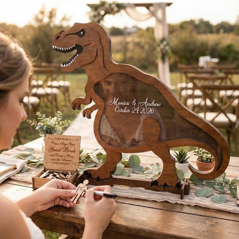 May include: A wooden dinosaur-shaped guest book frame with the names "Monica & Andrew" and the date "October 24 2026" inscribed. The frame has a clear window for a photo and a slot for guests to drop wooden pieces. A person is signing a wooden figure.