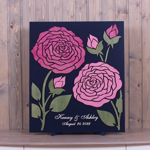 Wedding guest book alternative 3D flower sign Roses Petals Custom colors guest book Unique pink navy personalized guestbook Wooden sign in image 2